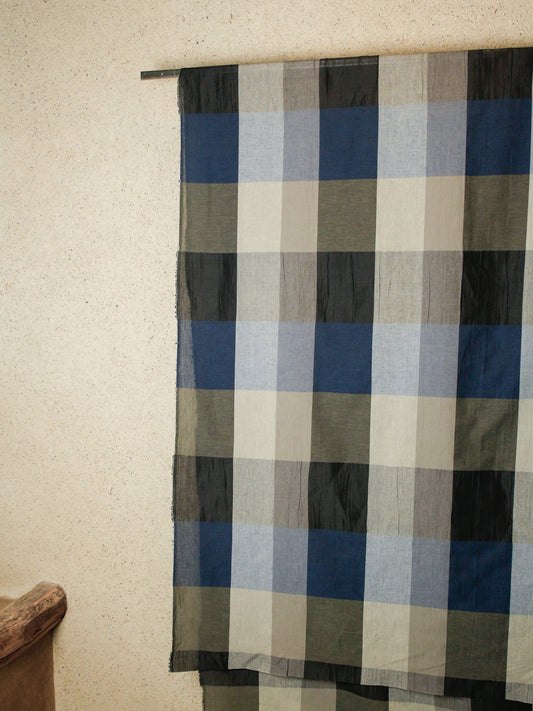 2000's ITALY Cotton Linen Large Block Check NAVY